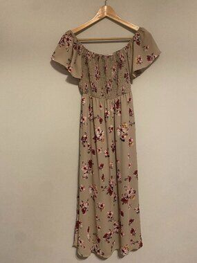Peach Love California Midi Smocked Peasant Dress, Large, Tan Floral